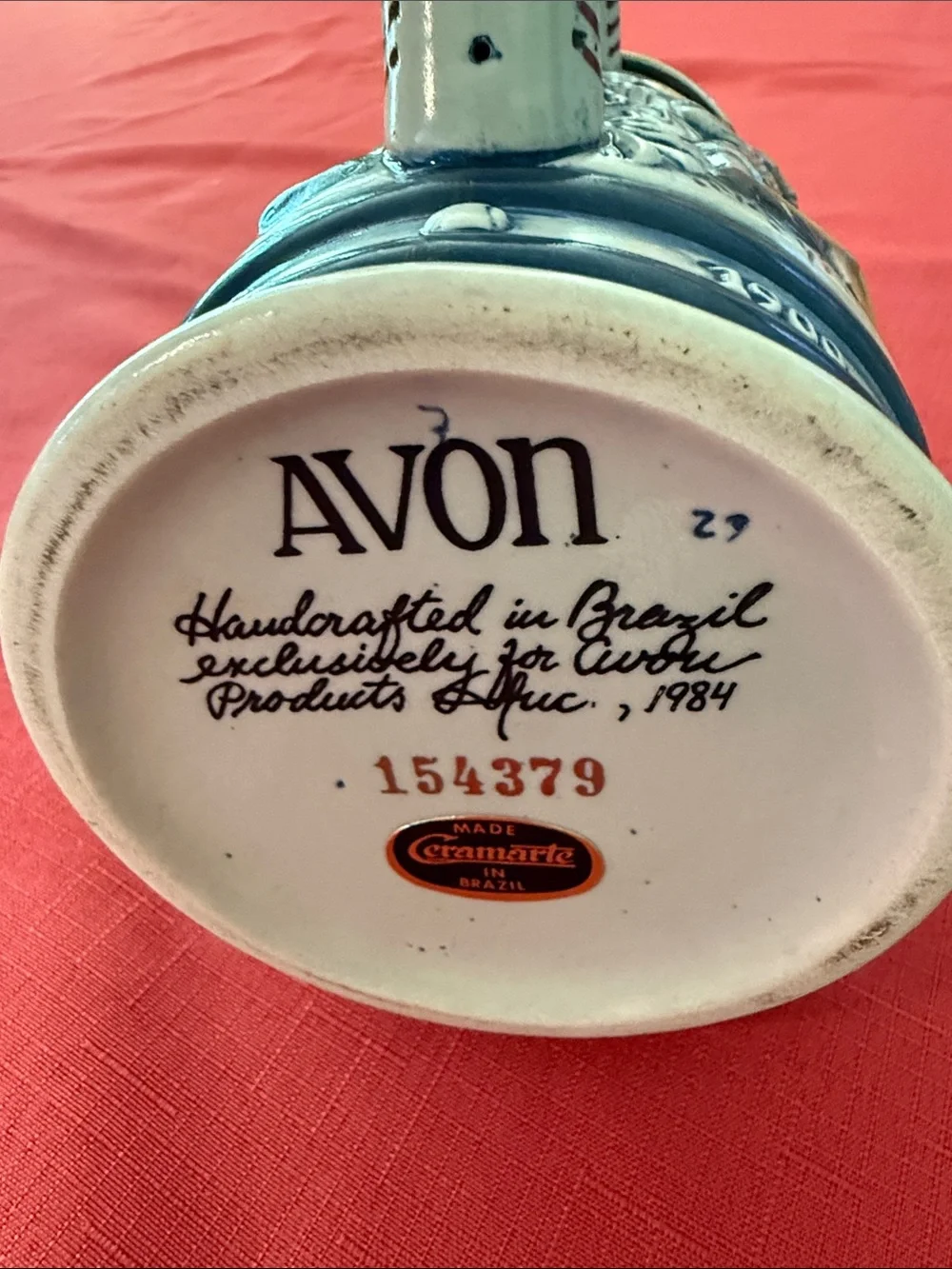 Avon Ceramic Baseball Stein with Red, Blue & White Accents